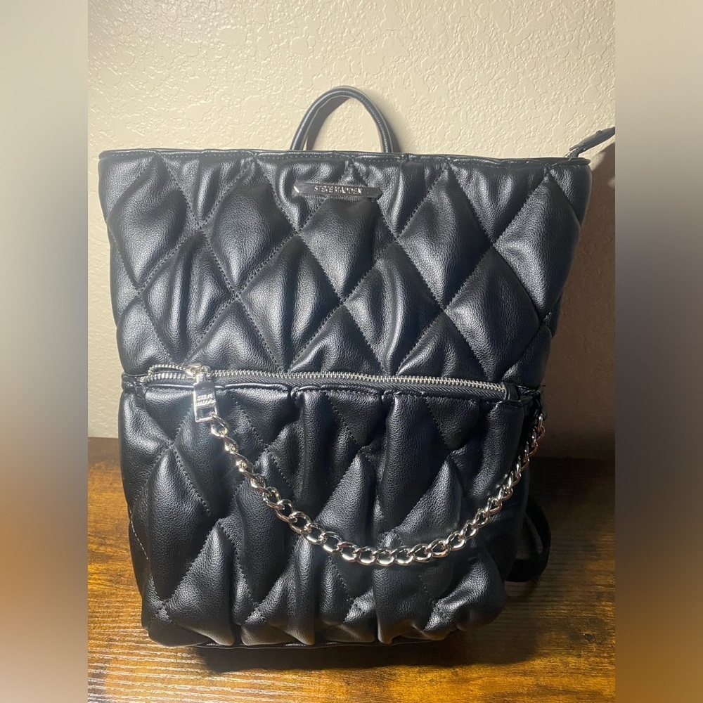 Steve Madden Quilted Black Backpack with Chain Accent